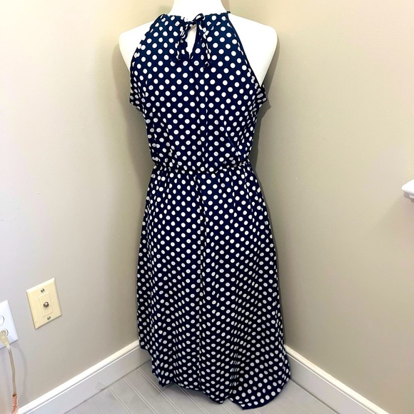 Claudia G Sleeveless Asymmetric‎ HalterTop Dress Womens M Navy White Dot NWOT - Picture 12 of 14